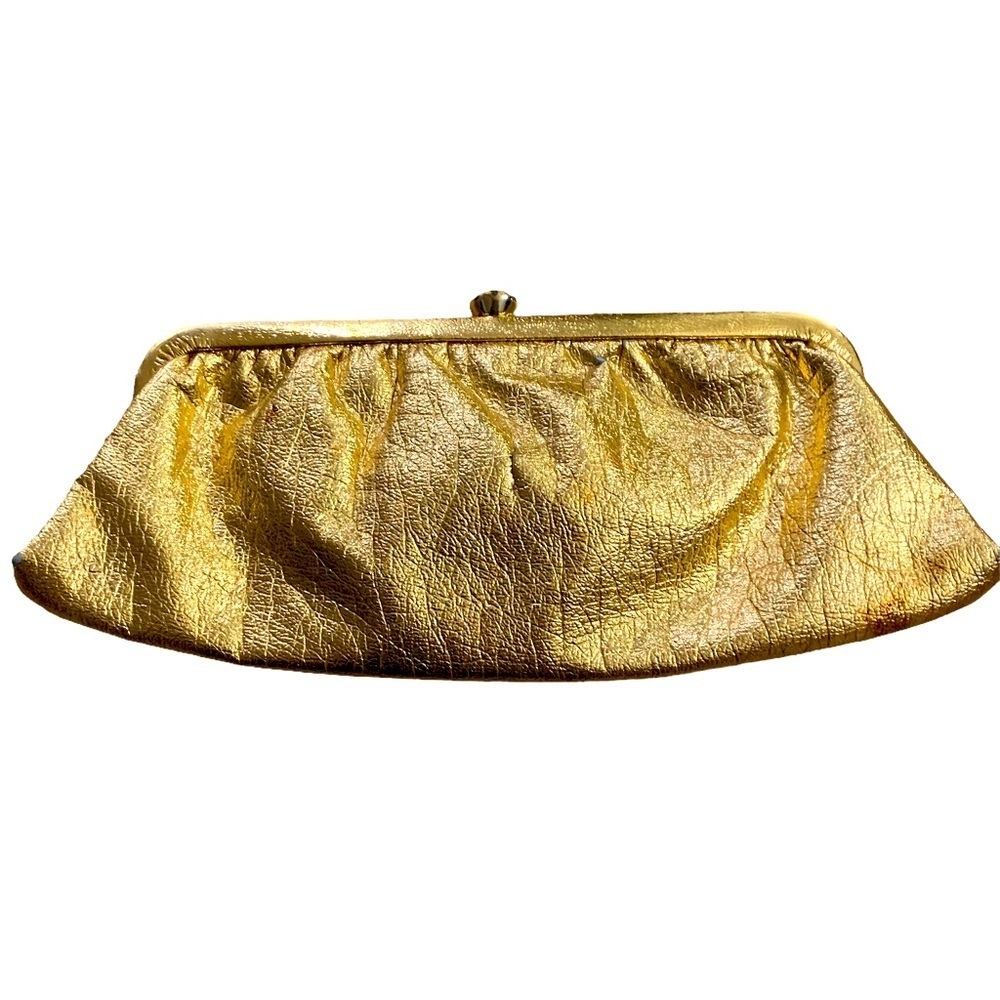 Vintage Gold Clutch Evening Bag Metallic Lame Purse Kiss Lock Retro Fashion Glam
